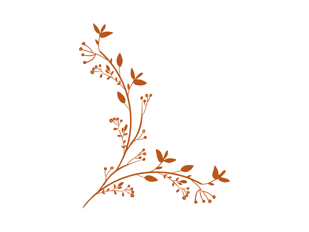 Elegant red floral corner design with small leaves and buds on a transparent background.