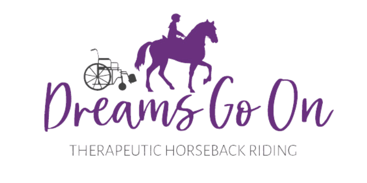 Logo of "Dreams Go On" with a person riding a horse and a wheelchair icon.