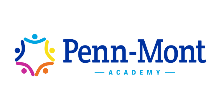 Logo of Penn-Mont Academy with colorful abstract human figures forming a star shape.