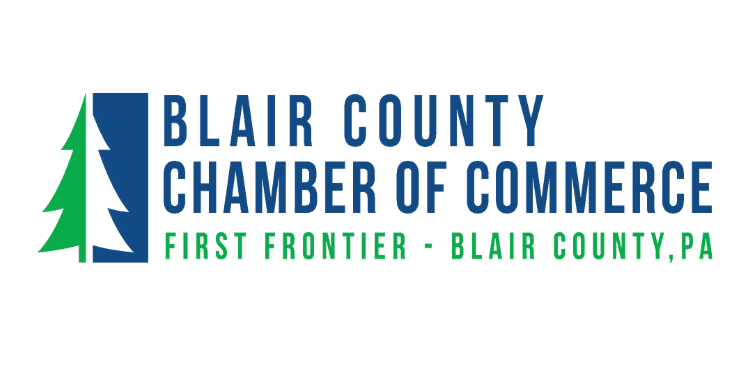 Blair County Chamber of Commerce logo with a green tree and blue text: "First Frontier - Blair County, PA.