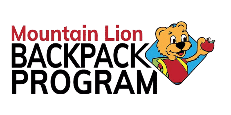 Mountain Lion Backpack Program logo featuring a cartoon lion holding an apple and wearing a backpack.
